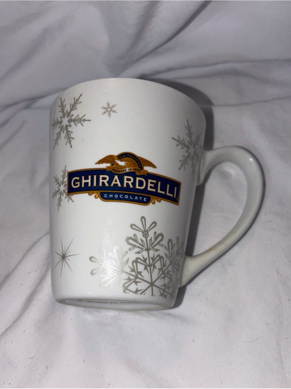 Ghirardelli Chocolate Coffee Mug Cup White Silver Snowflakes 2015
